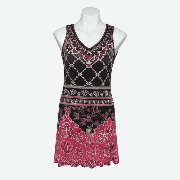 WHBM Border-Print Pink & Black Knit Tank Dress w/ Keyhole Back XXS - Picture 1 of 7